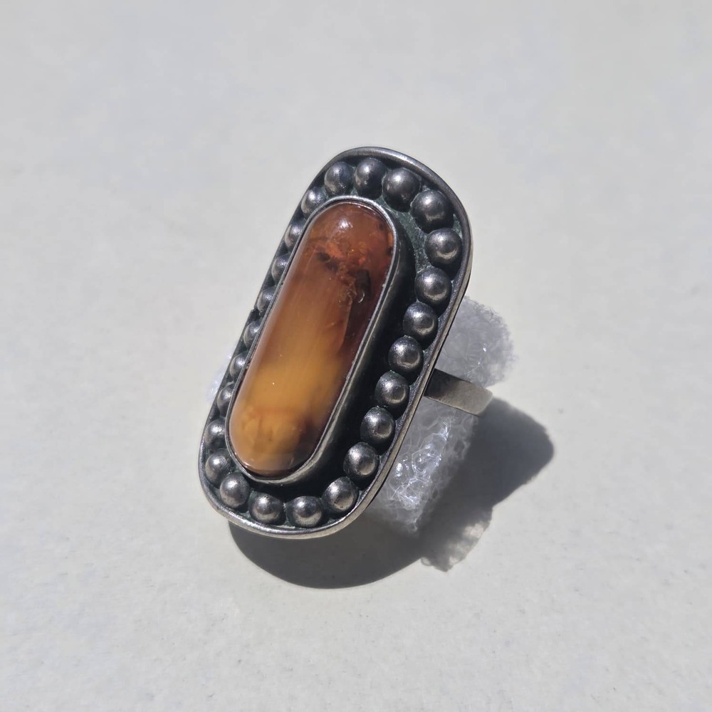 Vintage Amber 925 Sterling Silver Long Oval Ring Size 8.25 Beaded Statement Boho